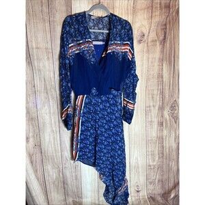 Preen Line Womens Long Sleeve V- Neck High Low Midi Dress Blue Red Small